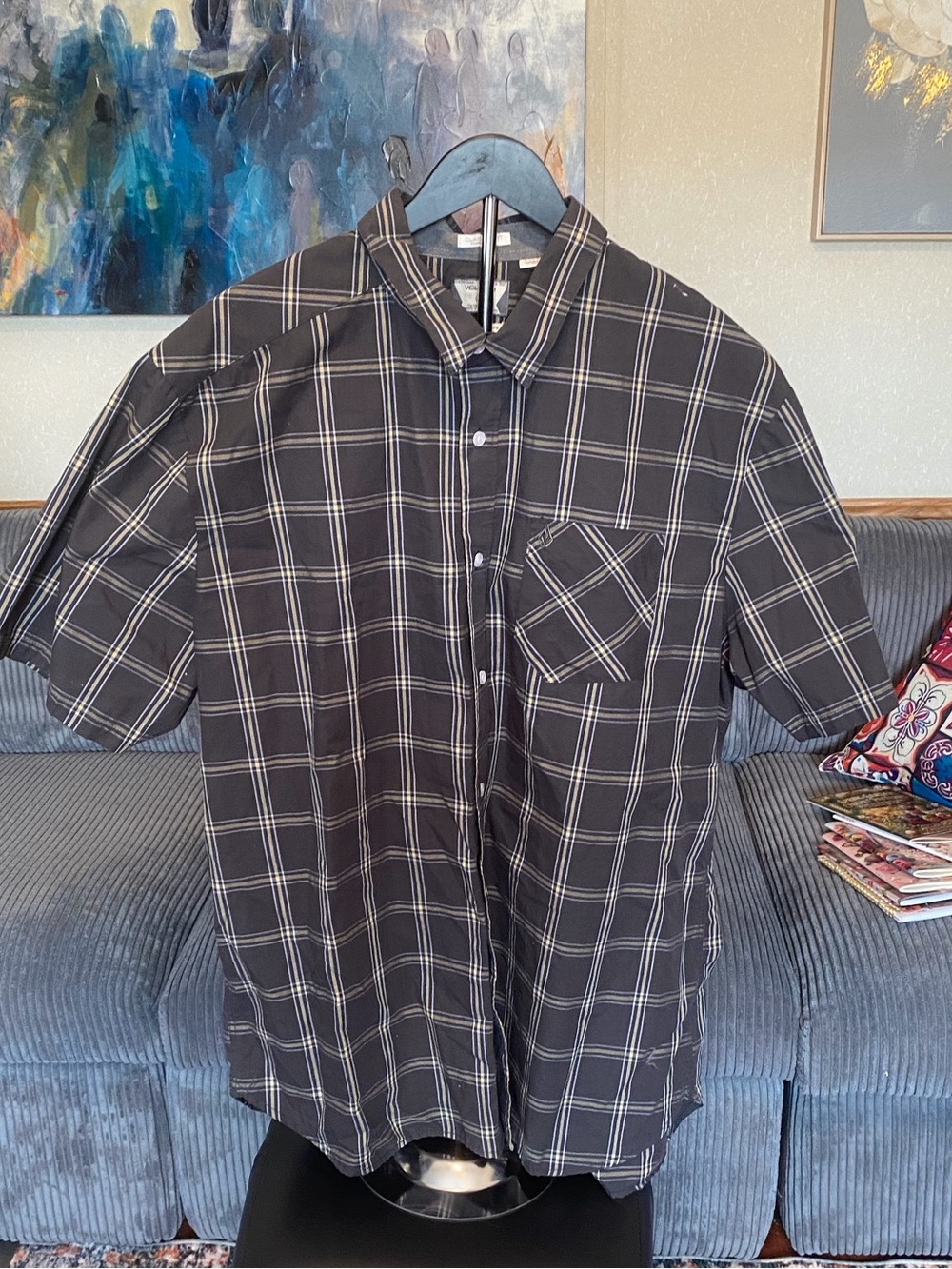 Volcom Black Plaid Short-Sleeve Button-Down with White Grid
